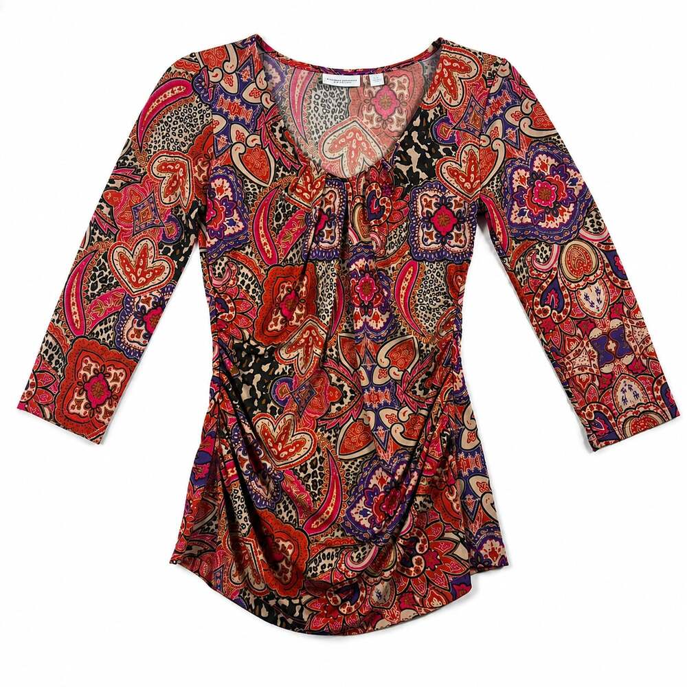 Vintage Y2K New York & Company Women's Stretch Paisley Print 3/4 Sleeve Ruched B